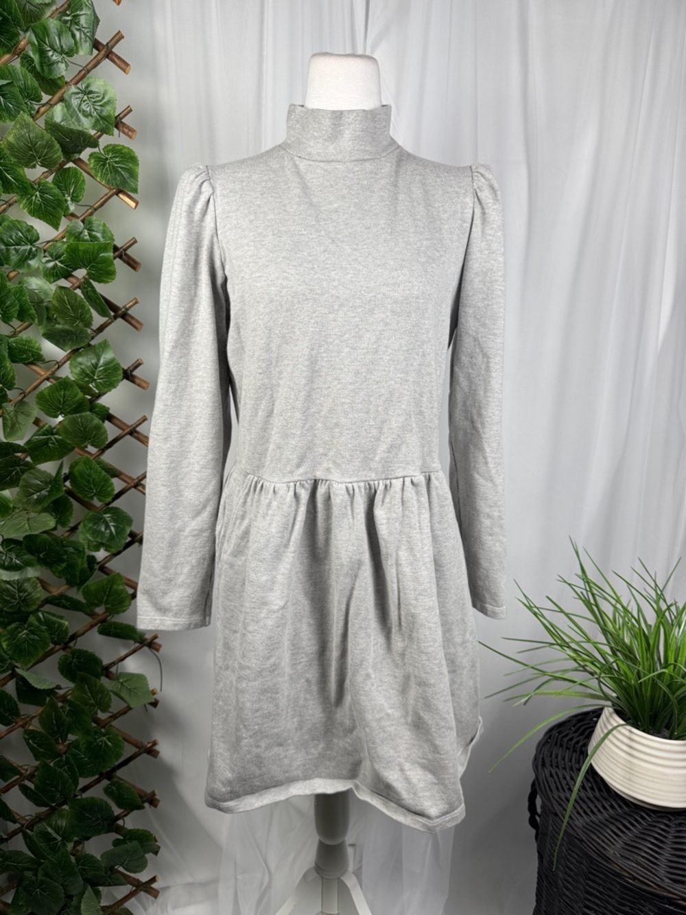 Light Gray Long-Sleeve Turtleneck Gathered Dress